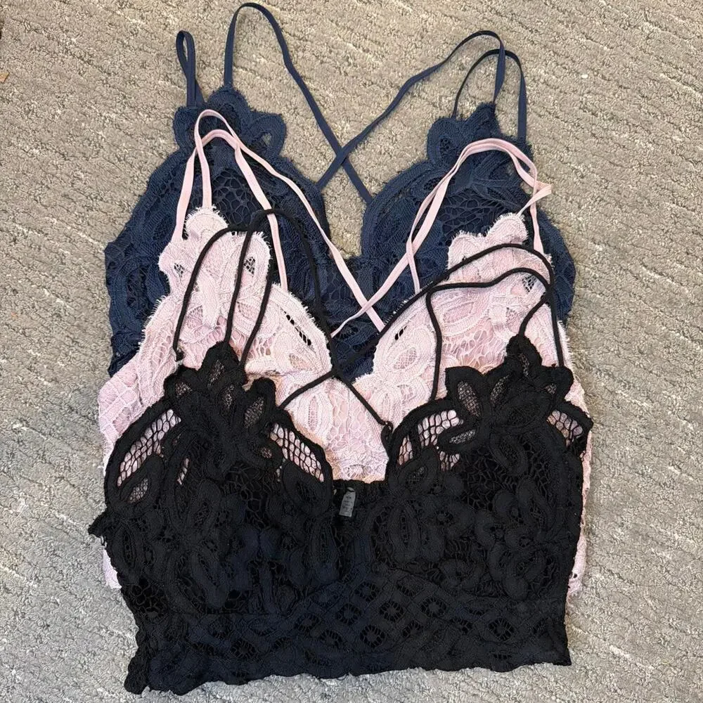 Bundle of 3 lace bralette tank tops in black, navy, and pink